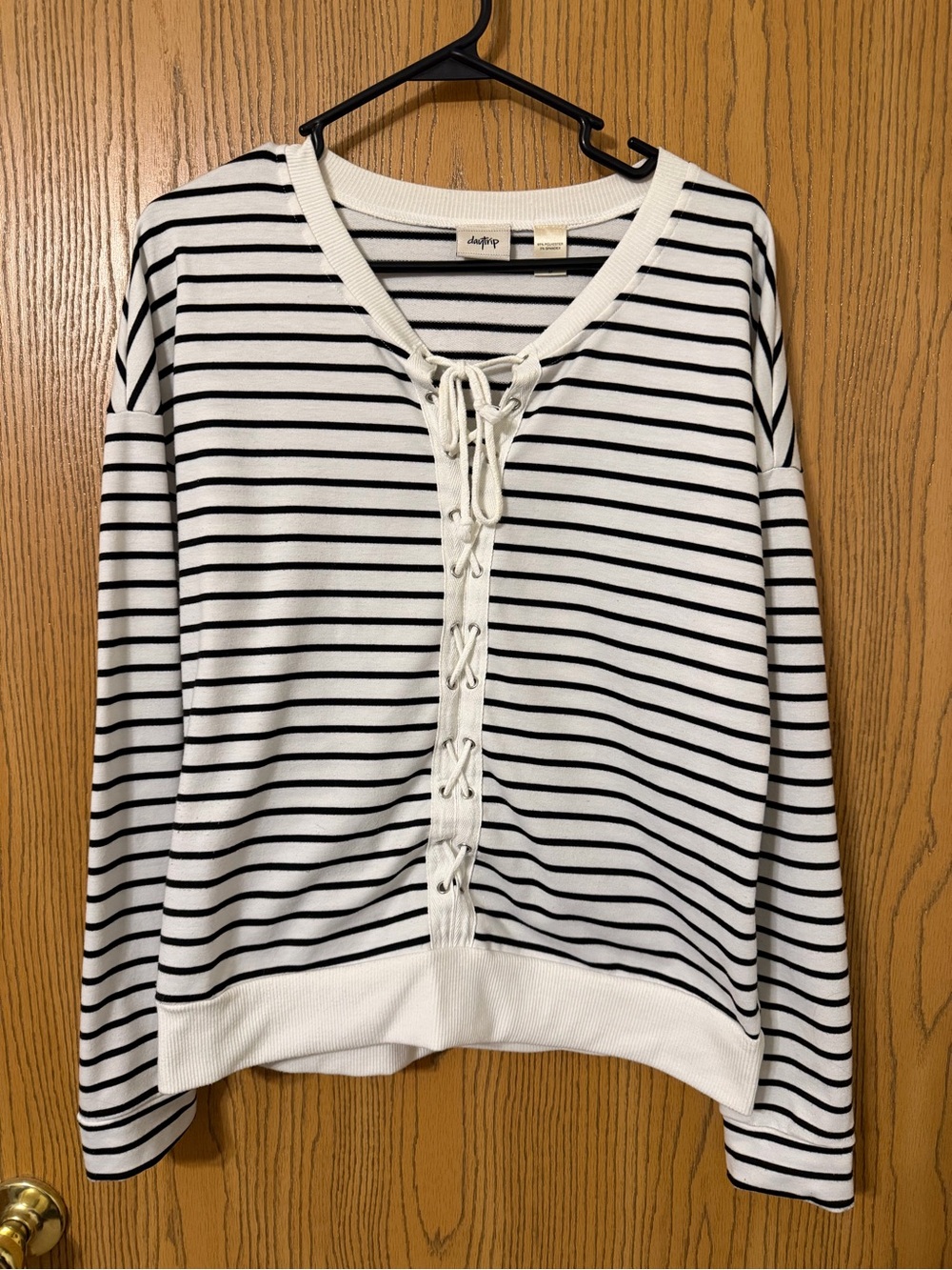 Daytrip White & Black Striped Lace-Up Pullover